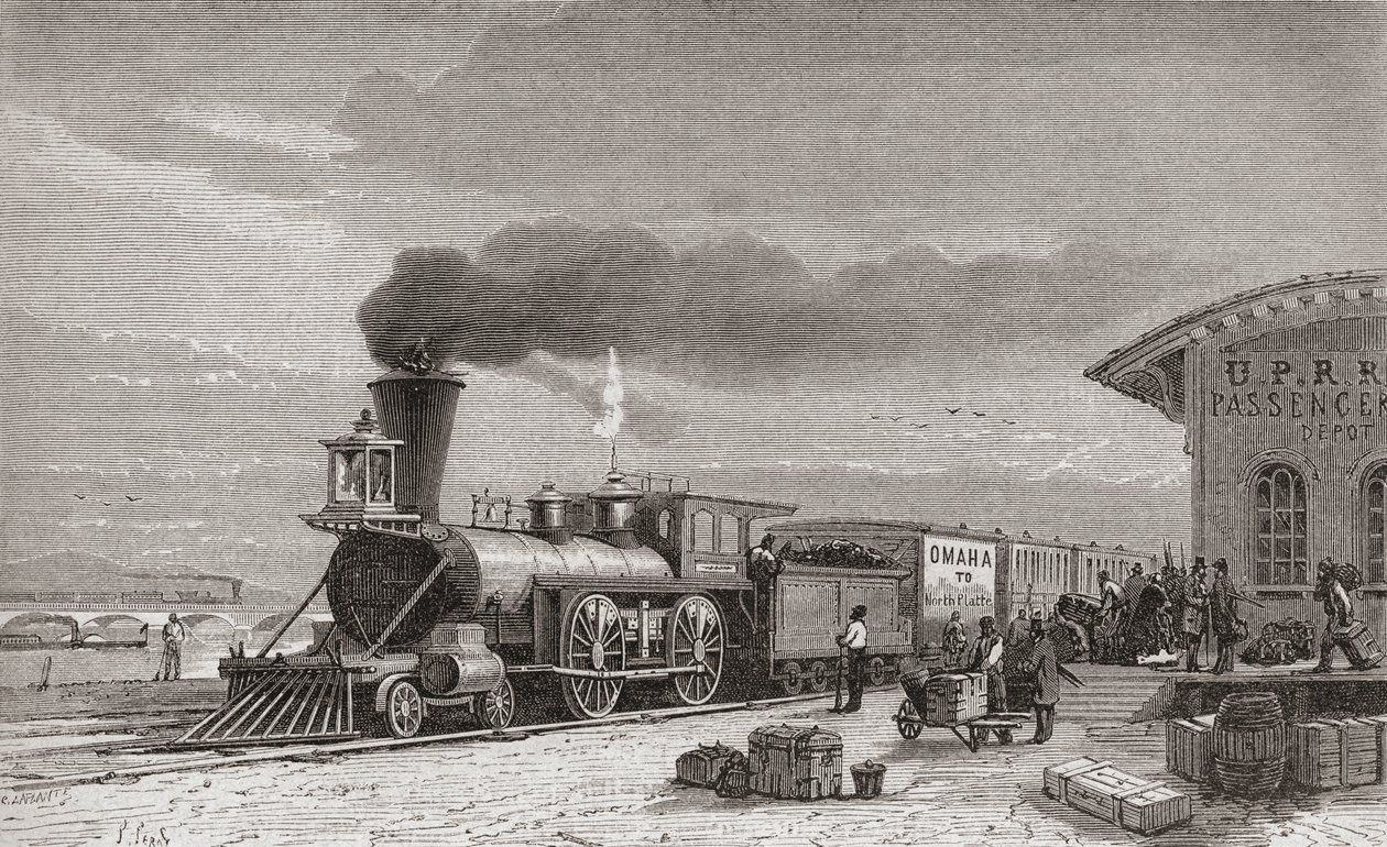 Jernbanestasjonen i Omaha, Nebraska, startpunktet for Pacific Railroad, slik den var i 1867, illustrasjon fra 