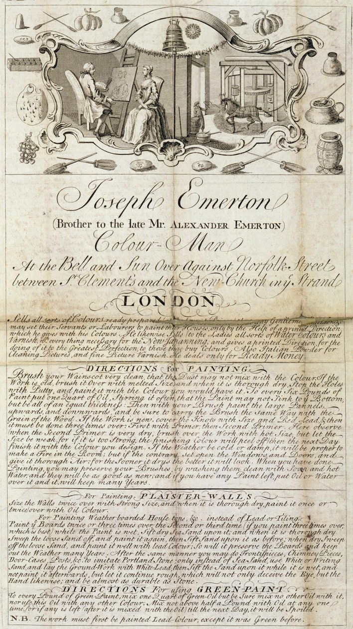 Handelsblad for Joseph Emerton, Color Man. reklamemateriell for malere og kunstnere, ca. 1744 (trykt papir) av Unbekannt Unbekannt