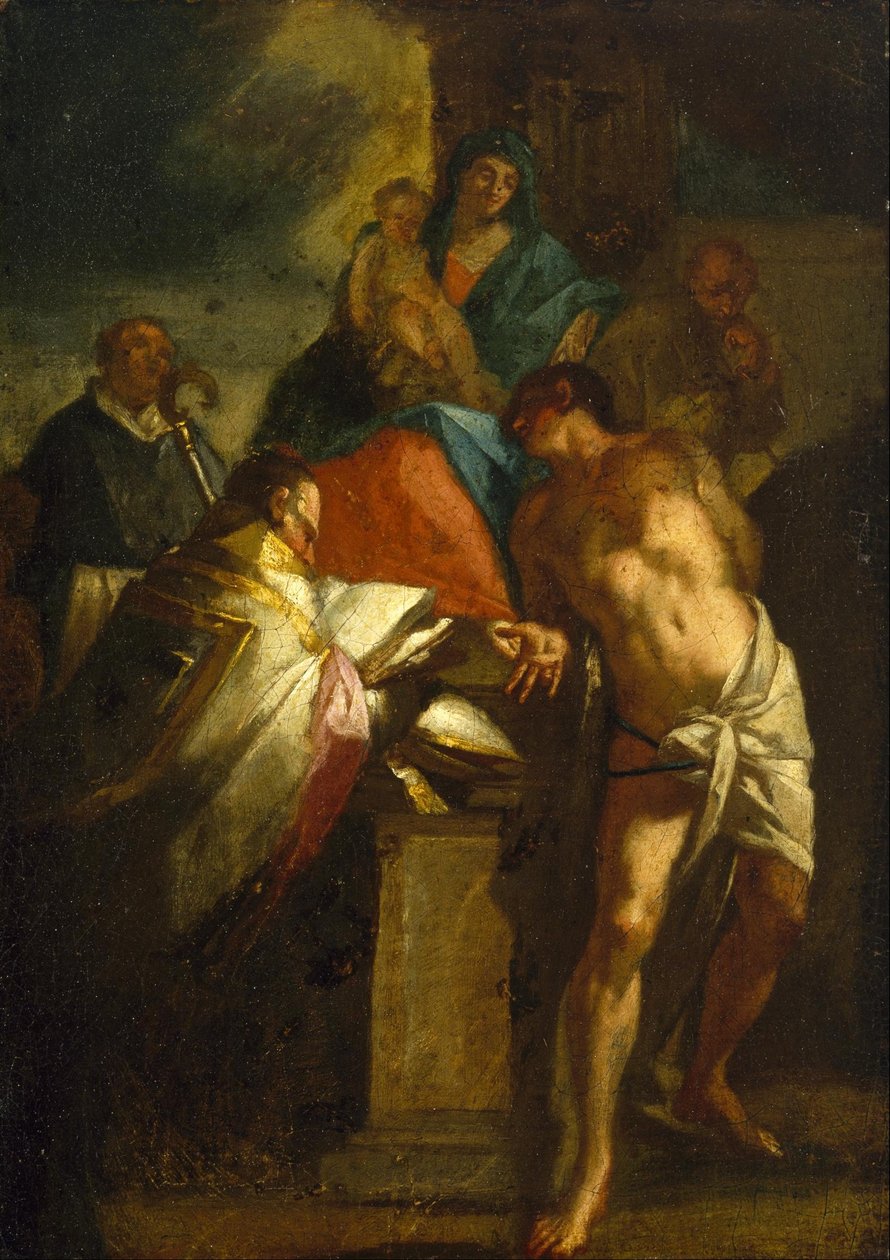 Ukjent italiensk - Jomfru og barn med Saint Sebastian og en biskop Saint av Unbekannt Unbekannt