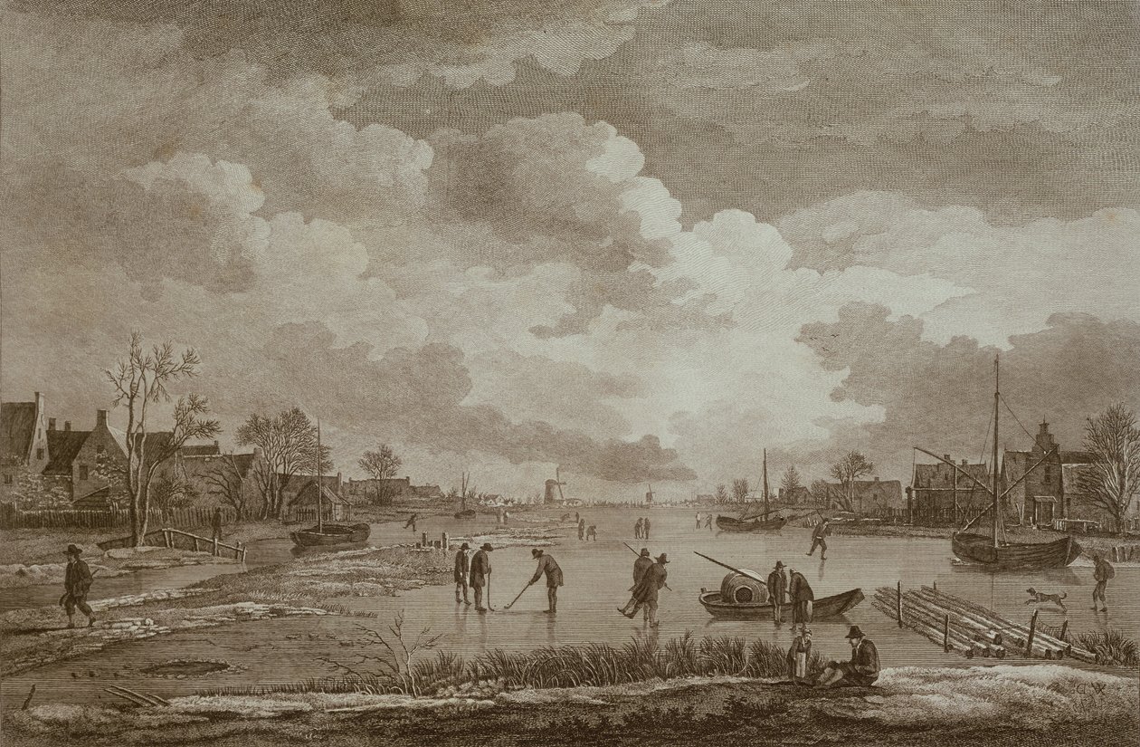 Vinter, Golf på is, kobberlinjegravering av Van Drever, ca. 1753 av Unbekannt Unbekannt