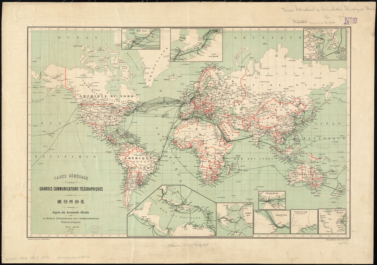 Verdenskart over telegraflinjer utgitt av International Telegraph Bureau, 1901    Målestokk: [ca. 1:70 000 000] av Unbekannt Unbekannt