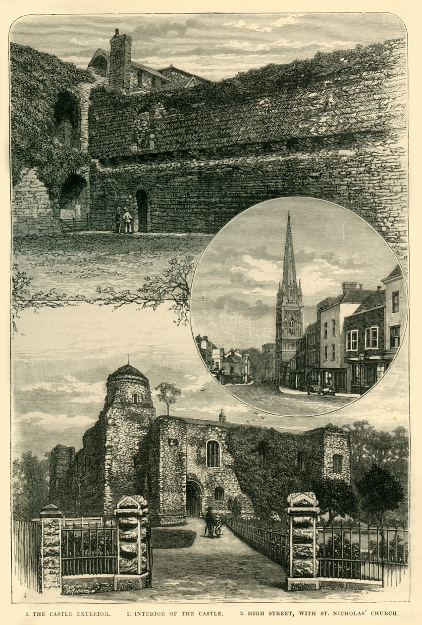 1. Slottet eksteriør. 2. Interiør av Slottet. 3. High Street, med St. Nicholas Church, 1898 av Unbekannt