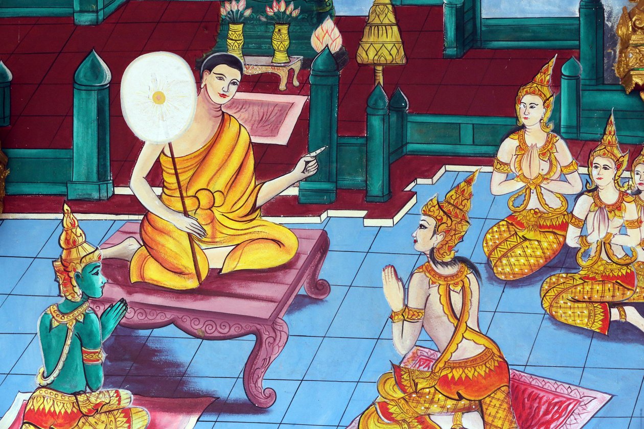 20151029, Vientiane, Laos: Wat Inpeng buddhisttempel. Maleri som skildrer livshistorien til Shakyamuni Buddha av Unbekannt