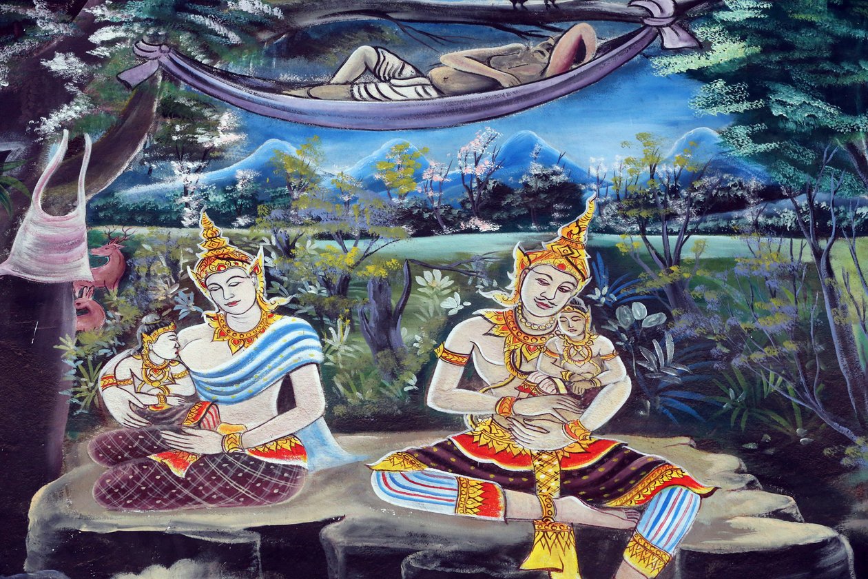 20151029, Vientiane, Laos: Wat Inpeng buddhisttempel. Maleri som skildrer livshistorien til Shakyamuni Buddha av Unbekannt