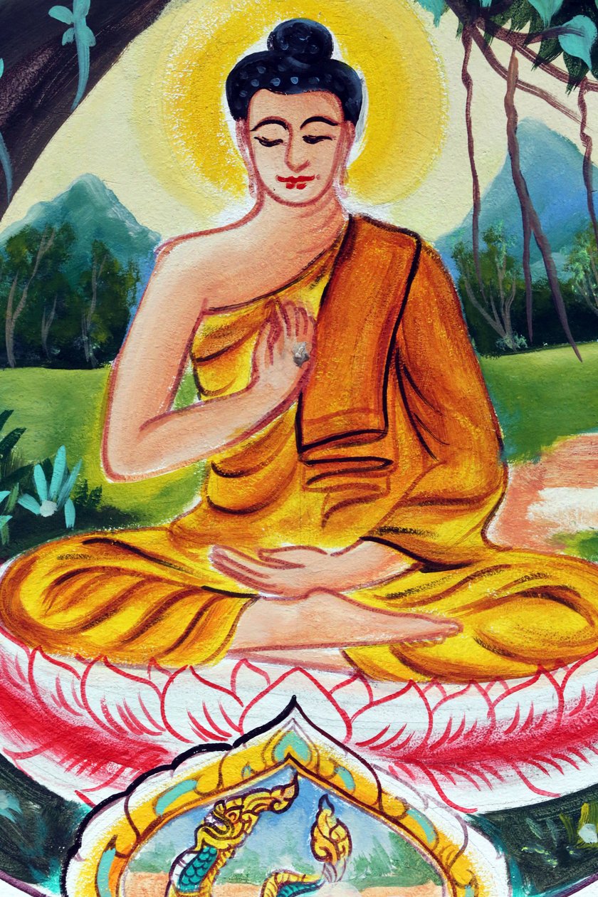 20151029, Vientiane, Laos: Wat Inpeng buddhisttempel. Maleri som skildrer livshistorien til Shakyamuni Buddha. The Teaching Buddha skildrer et spesielt øyeblikk i Buddhas liv, nemlig den første prekenen Buddha holdt etter å ha nådd opplysningstiden av Unbekannt