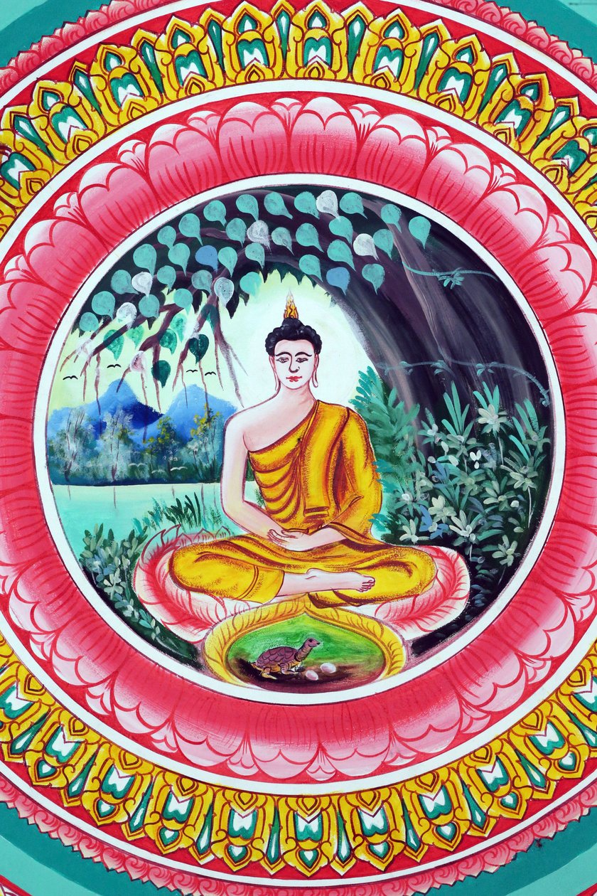 20151029, Vientiane, Laos: Wat Inpeng buddhisttempel. Maleri som skildrer livshistorien til Shakyamuni Buddha. Buddha sitter i meditasjonsstilling av Unbekannt