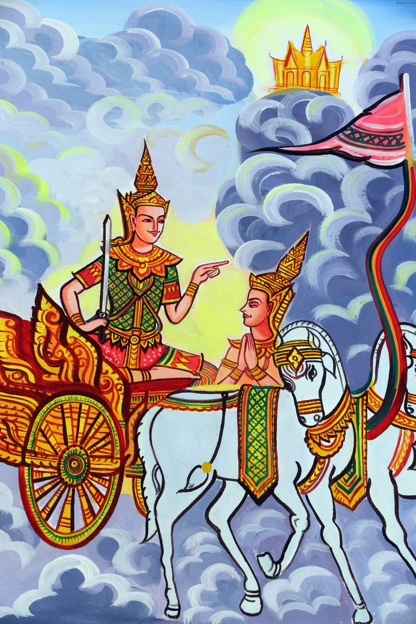 20151029, Vientiane, Laos: Buddhisttempelet Wat Si Muang (Simuong). Maleri som skildrer livshistorien til Shakyamuni Buddha av Unbekannt