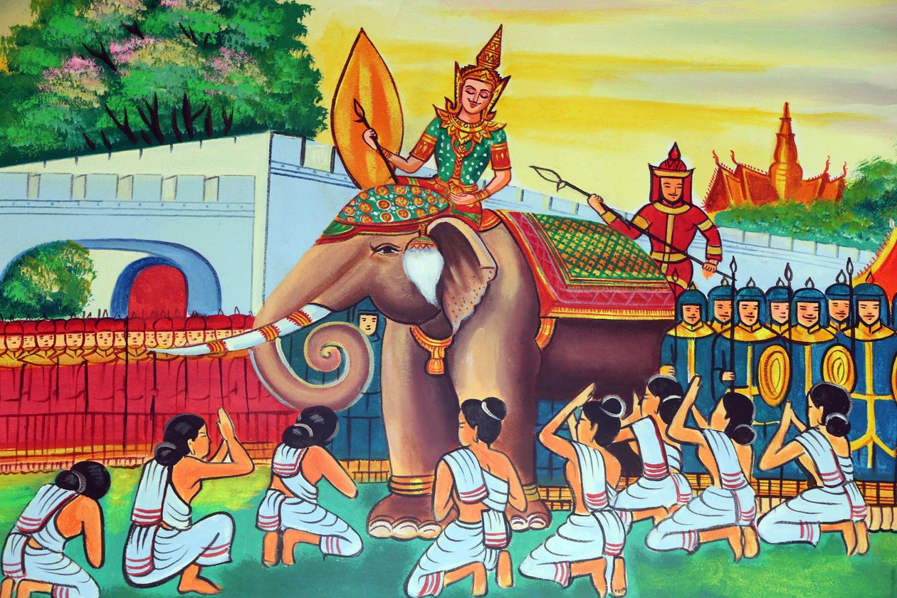 20151029, Vientiane, Laos: Buddhisttempelet Wat Si Muang (Simuong). Maleri som skildrer livshistorien til Shakyamuni Buddha av Unbekannt