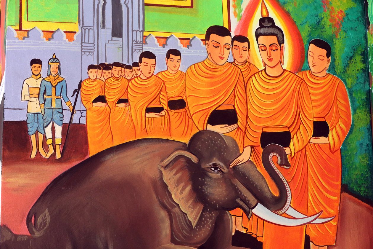 20151029, Vientiane, Laos: Buddhisttempelet Wat Si Muang (Simuong). Maleri som skildrer livshistorien til Shakyamuni Buddha. En vill elefant temmet av kjærlig godhet av Unbekannt