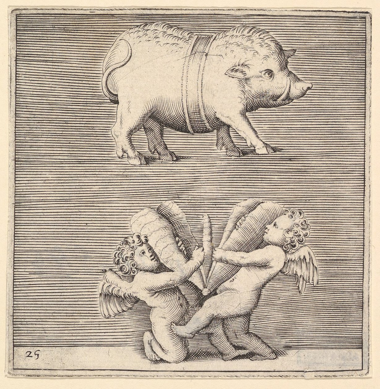 En beltet gris og to amoriner eller genier med en sommerfugl eller møll, utgitt ca. 1599-1622. av Unbekannt