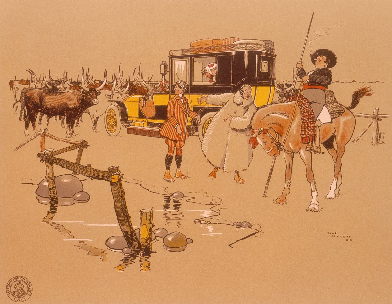 En Berliet-bil satt fast i midten av storfe, 1906 av Unbekannt