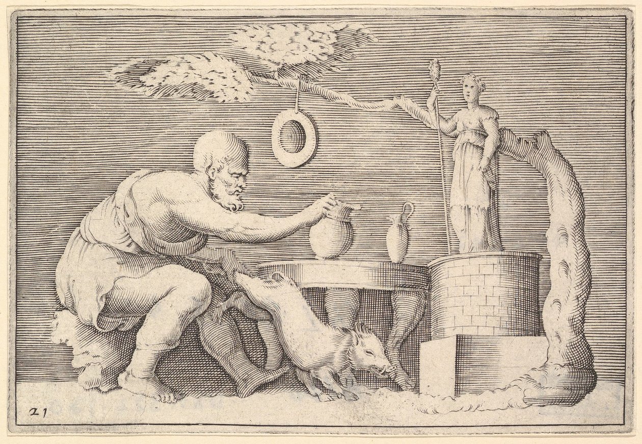 En faun eller satyr som forbereder en gris til ofring, utgitt ca. 1599-1622. av Unbekannt