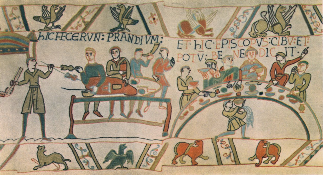 En fest. Detalj fra Bayeux-teppet, sent på 1000-tallet, 1944. av Unbekannt