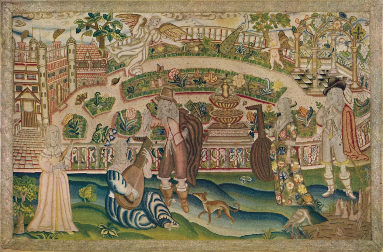 A Garden Scene - Petit-Point Bilde av perioden til Charles I, tidlig på 1600-tallet, 1928 av Unbekannt