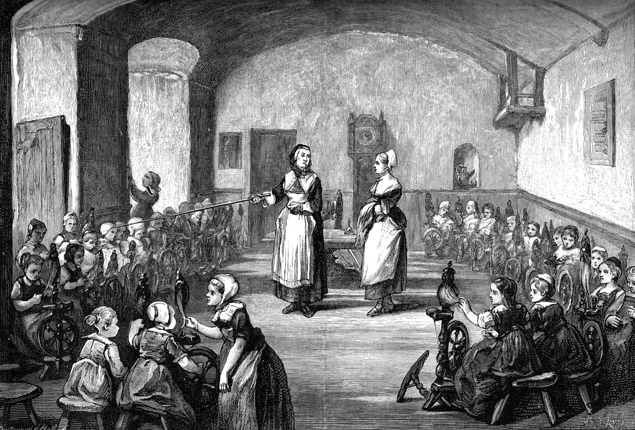 En tysk spinneskole, ca 1880 av Unbekannt