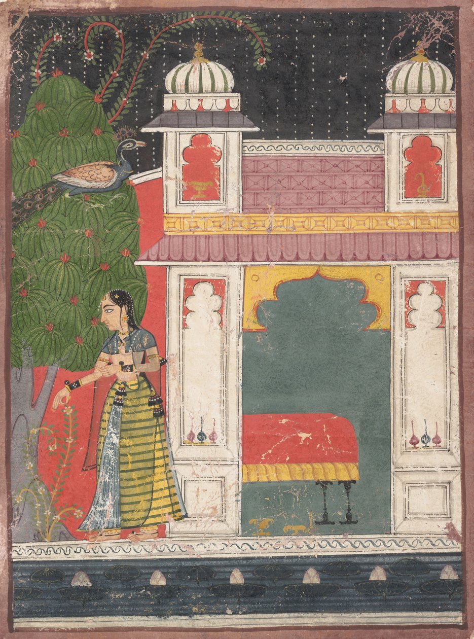 En heltinne som plukker en blomst: Side fra en spredt Nayika Bheda, ca. 1660-80. av Unbekannt
