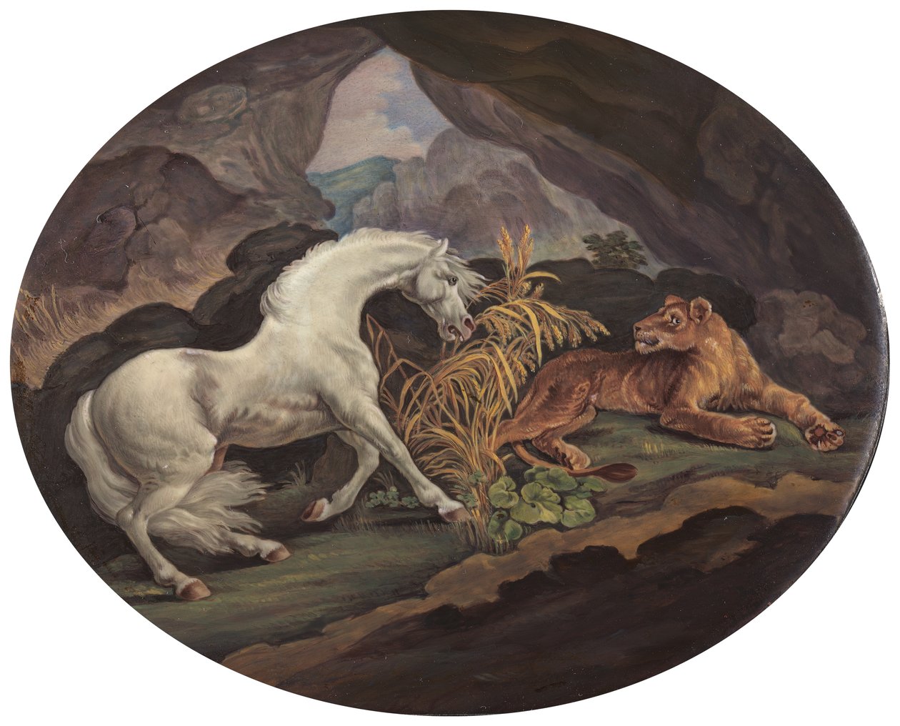 En hest som er skremt av en løvinne, ca. 1800. av Unbekannt