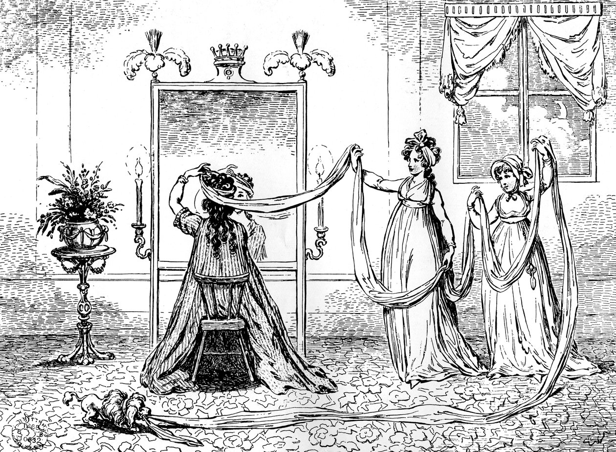 En dame som tar på seg hetten, juni 1795 av Unbekannt