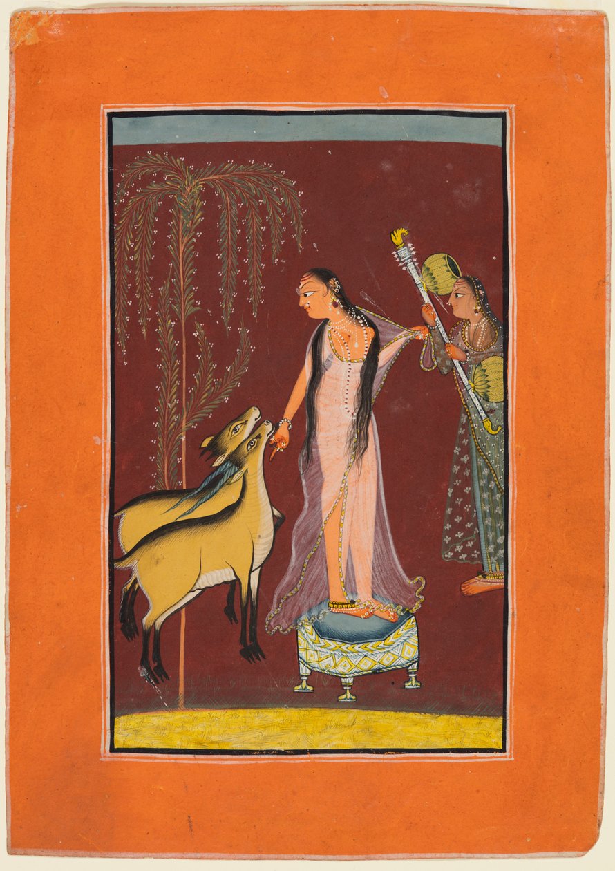 En dame med ledsager og et par hjort, sannsynligvis Gujari Ragini fra Dipak, fra en Pahari Ragamala, 1 av Unbekannt