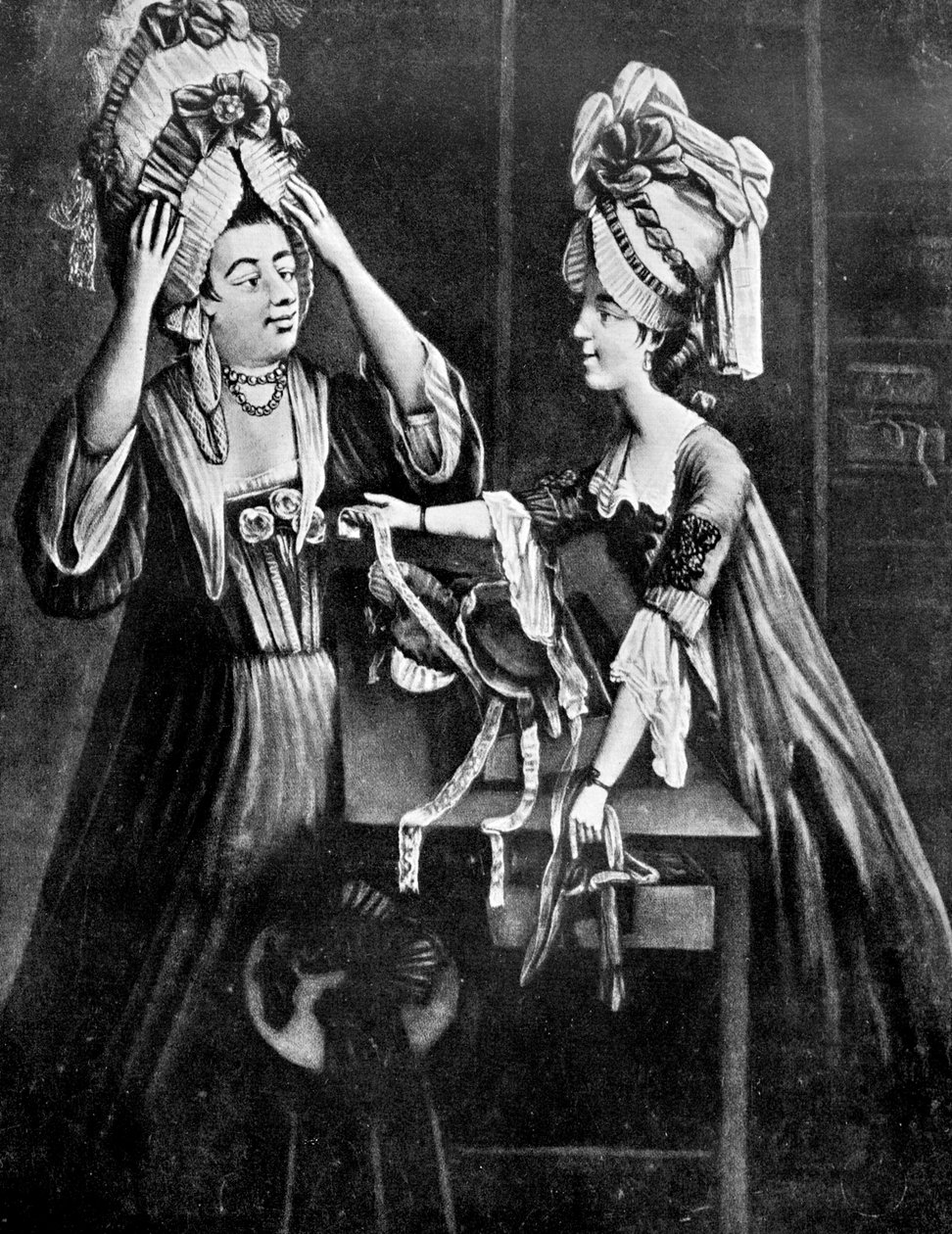 A Milliners Shop, fru Monopolise, slakterens kone, kjøper en moderne hodekjole, 1772 av Unbekannt