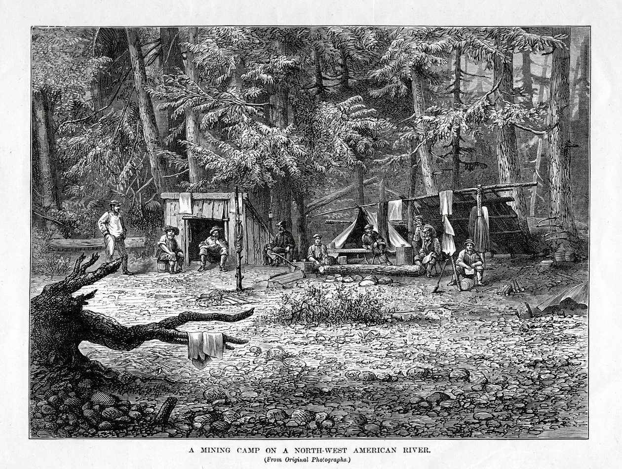 En gruveleir ved en nordvest-amerikansk elv, 1877 av Unbekannt