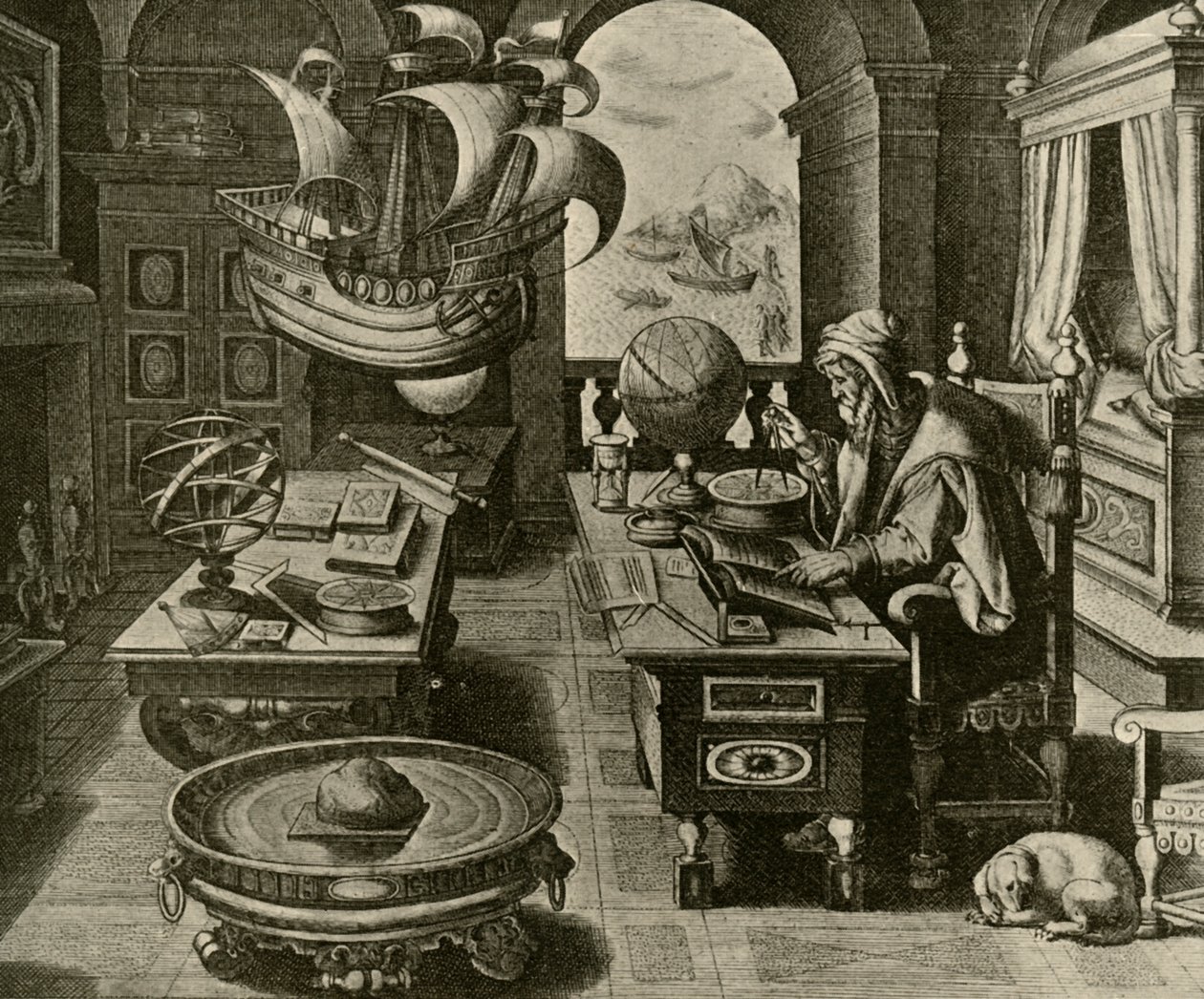 En navigasjonsekspert på jobb i hans studie med globe og kompass, c1591, 1928. av Unbekannt