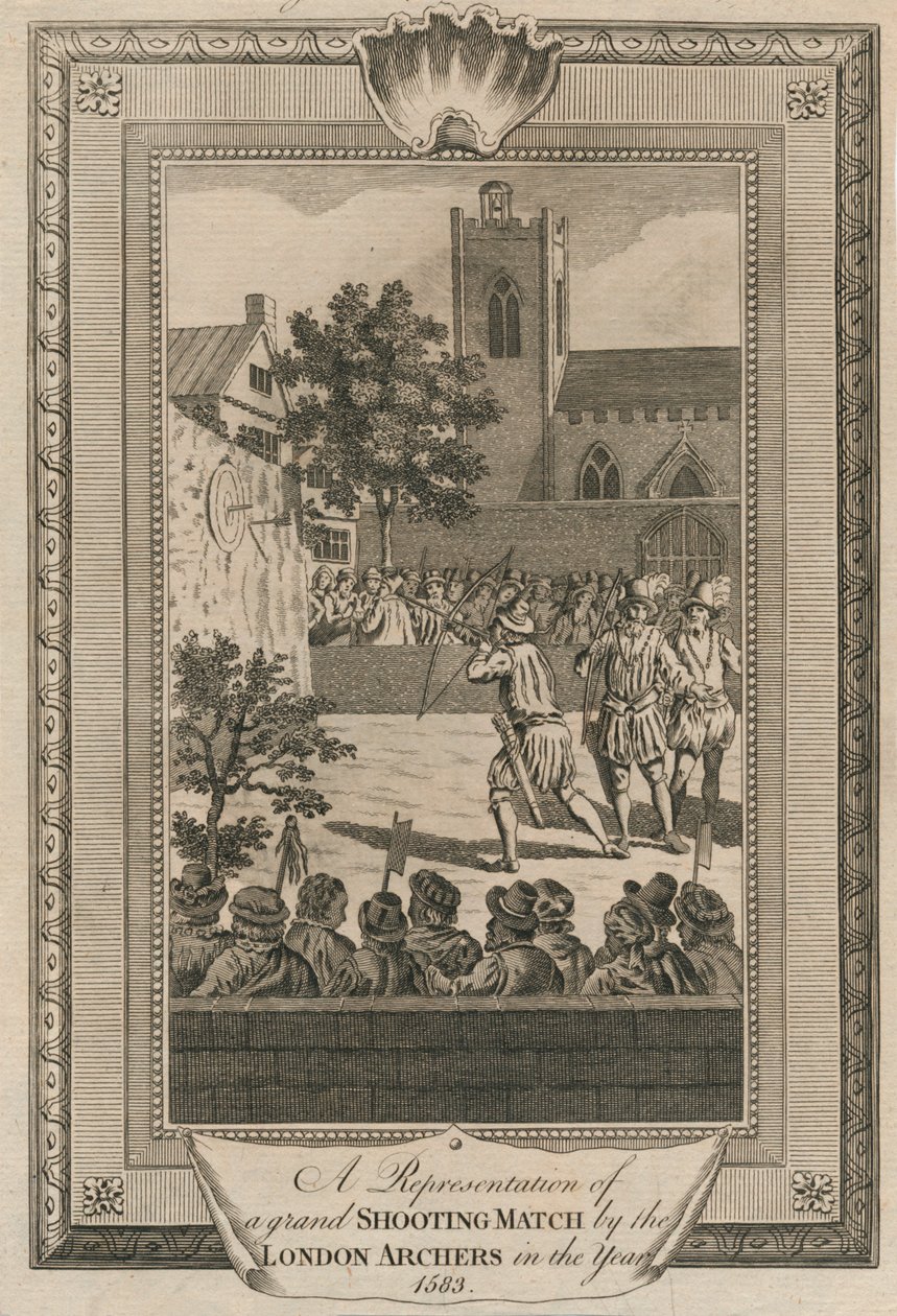 En representasjon av en storslått skytekamp av London Archers i år 1583. av Unbekannt