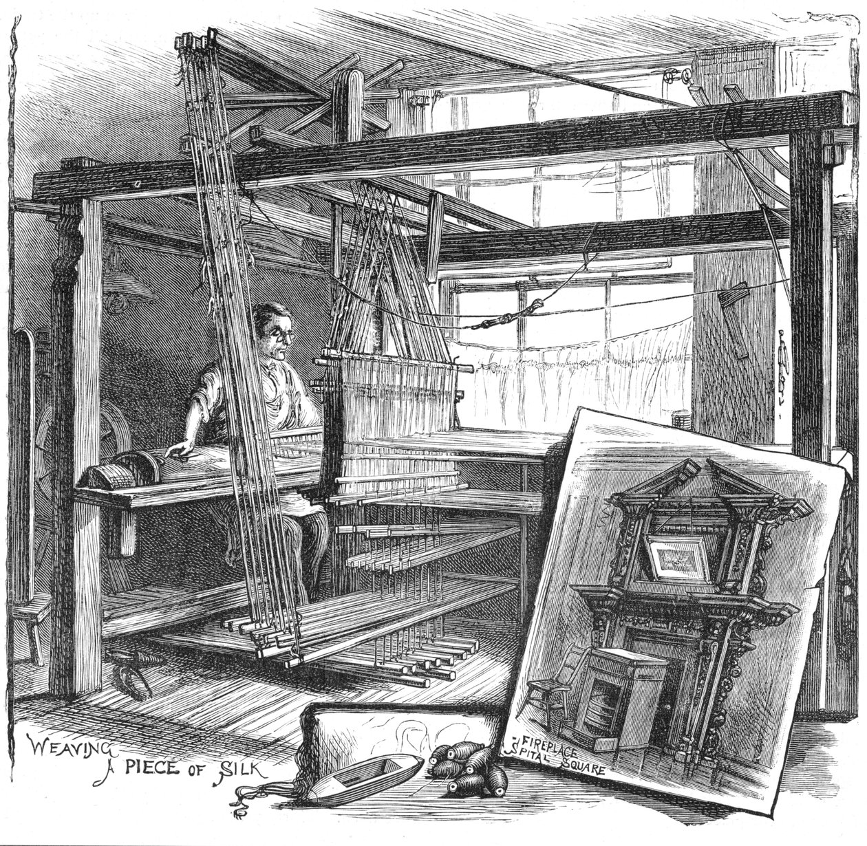 En Spitalfields silkevever ved håndveven hans, 1884 av Unbekannt