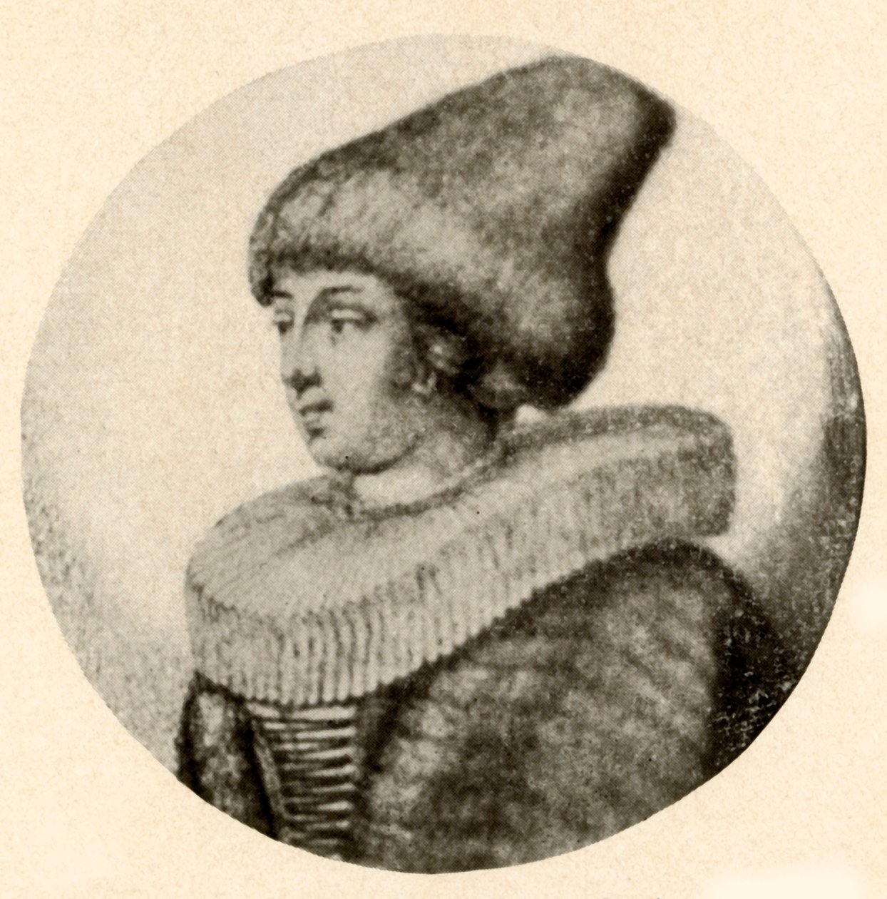 En svensk dame i spiss pelshatt og ruff, 1640, 1937. av Unbekannt