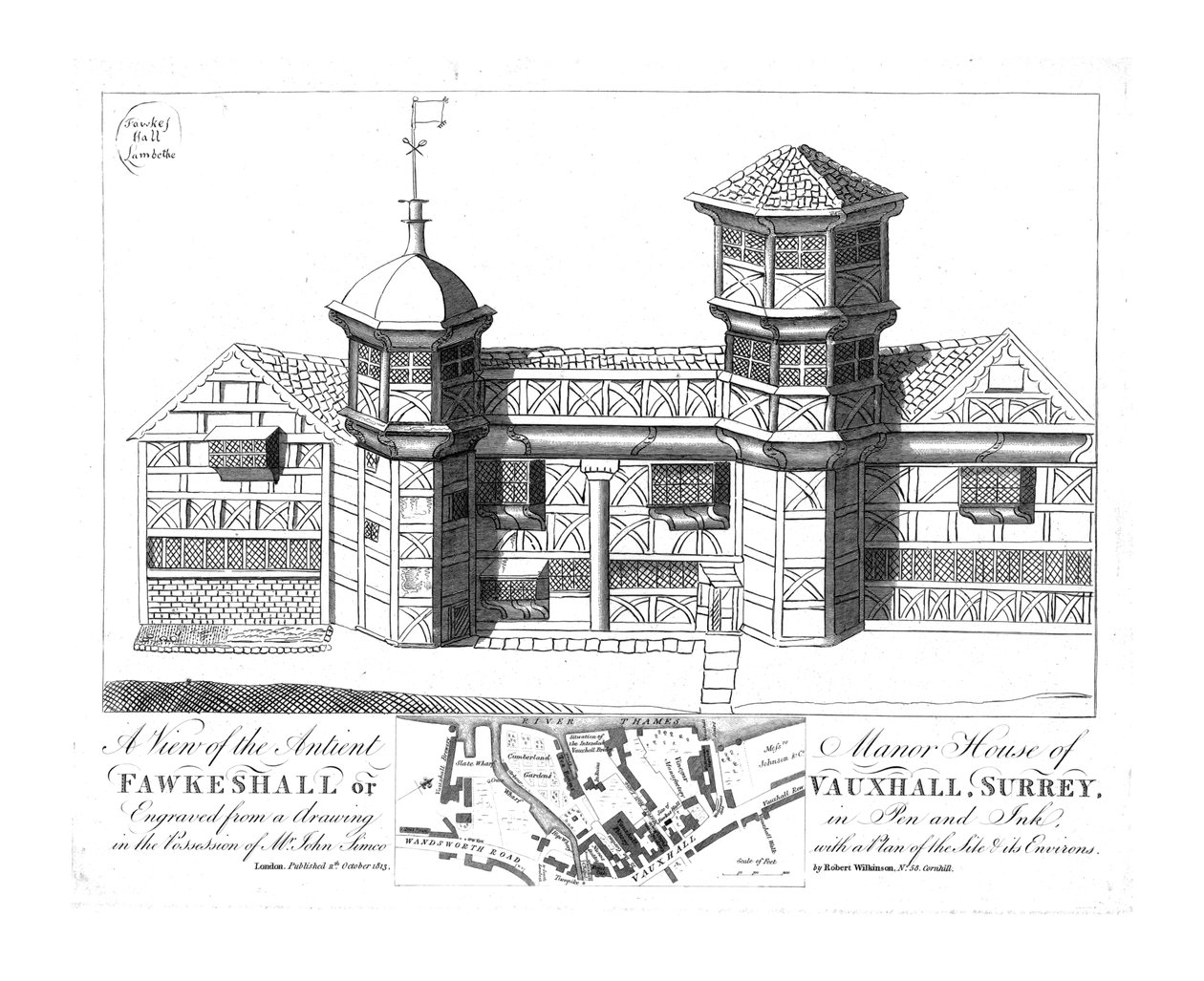 En utsikt over Antient Manor House of Fawkeshall eller Vauxhall, Surrey, 1813. av Unbekannt