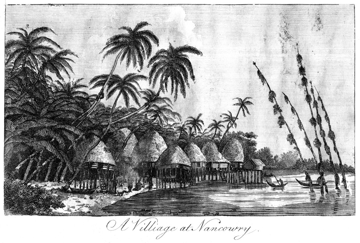 En landsby ved Nancowry, Nicobar Islands, 1799 av Unbekannt