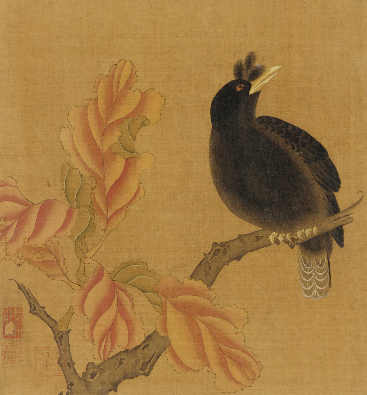 En svarttrost på en gren, høstløv, Qing-dynastiet, 1700-tallet. av Unbekannt