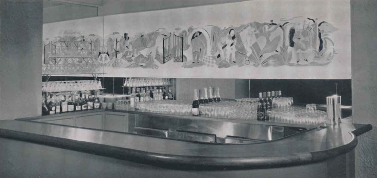 Et veggmaleri av cocktailbar i utskåret og emaljert linoleum på Berkeley Hotel, Montreal, 1942 av Unbekannt