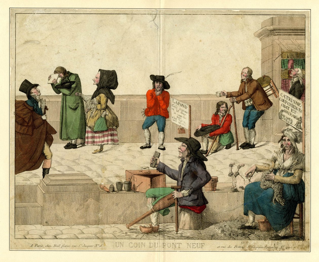Et hjørne av Pont Neuf, Paris, med lamme tiggere og gateselgere, ca 1813. av Unbekannt