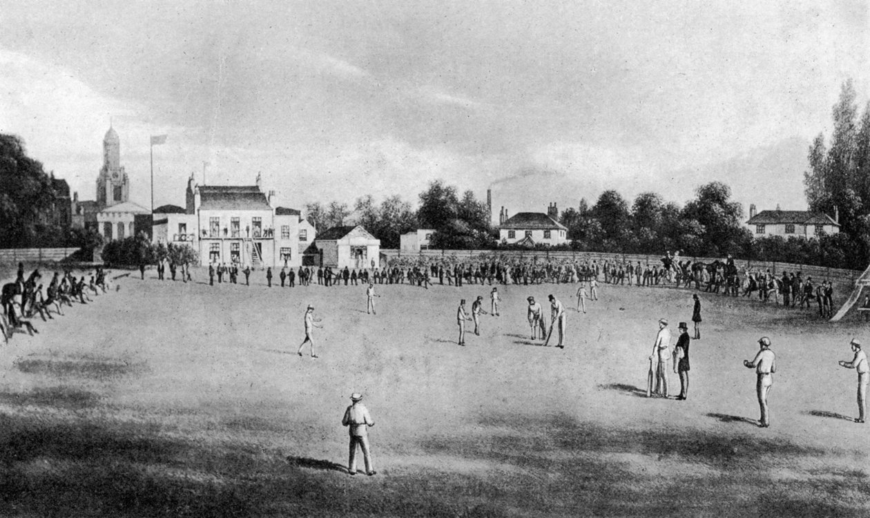 En cricketkamp pågår på Kennington Oval, London, 1848 1912 av Unbekannt