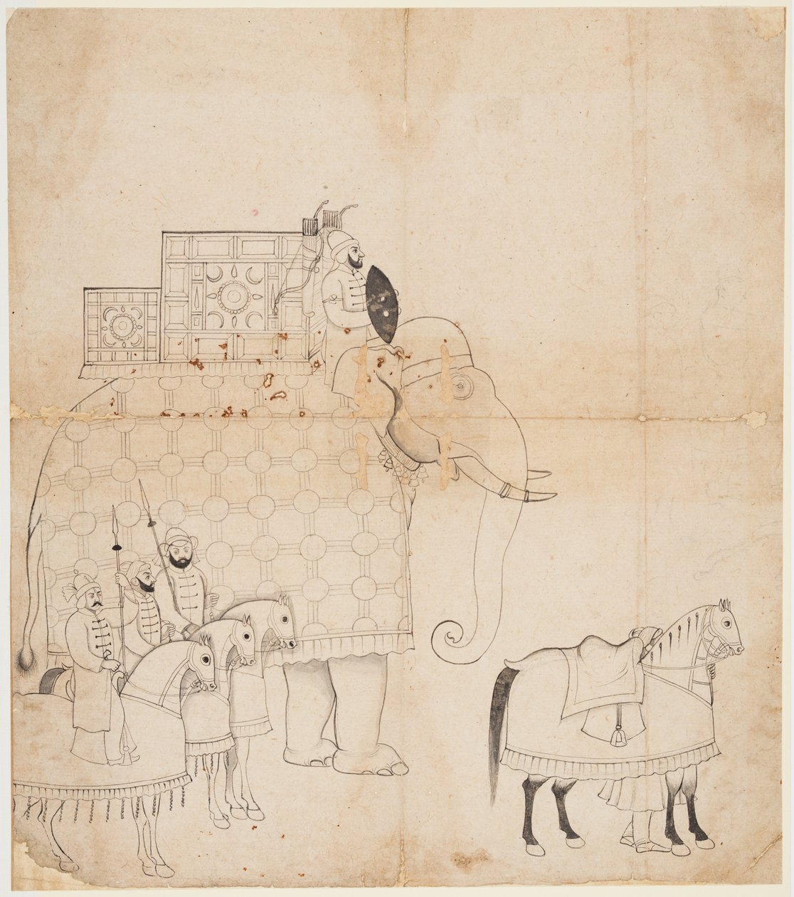 En tegning av Caparisoned Elephant and Horses, ca. 1760. av Unbekannt