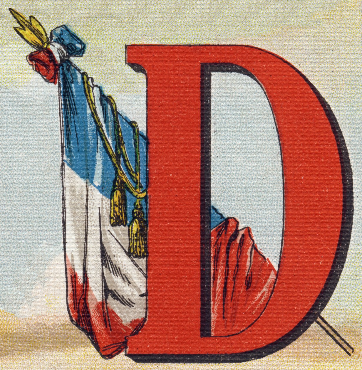 Et flagg. Gravering i "Alphabet de ma petite fille". Bernardin-Bechet og Fils, bokhandler-forlag, Paris, rundt 1895. Ubrytelig album på lerret. Bibliotheque des Bebes. 12 sider. Album som inneholder en lesemetode og et illustrerende abecedary. Dim: 2 av Unbekannt
