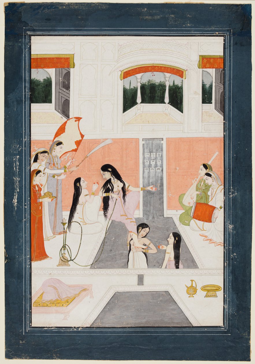 En dame ved toalettet hennes lytter til musikk ved siden av en vannkaskade i palasset, ca. 1780. av Unbekannt