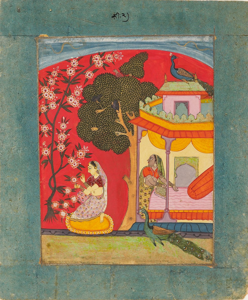En dame plukker blomster, illustrerer den musikalske modusen Ramakali Ragini, c1675 av Unbekannt