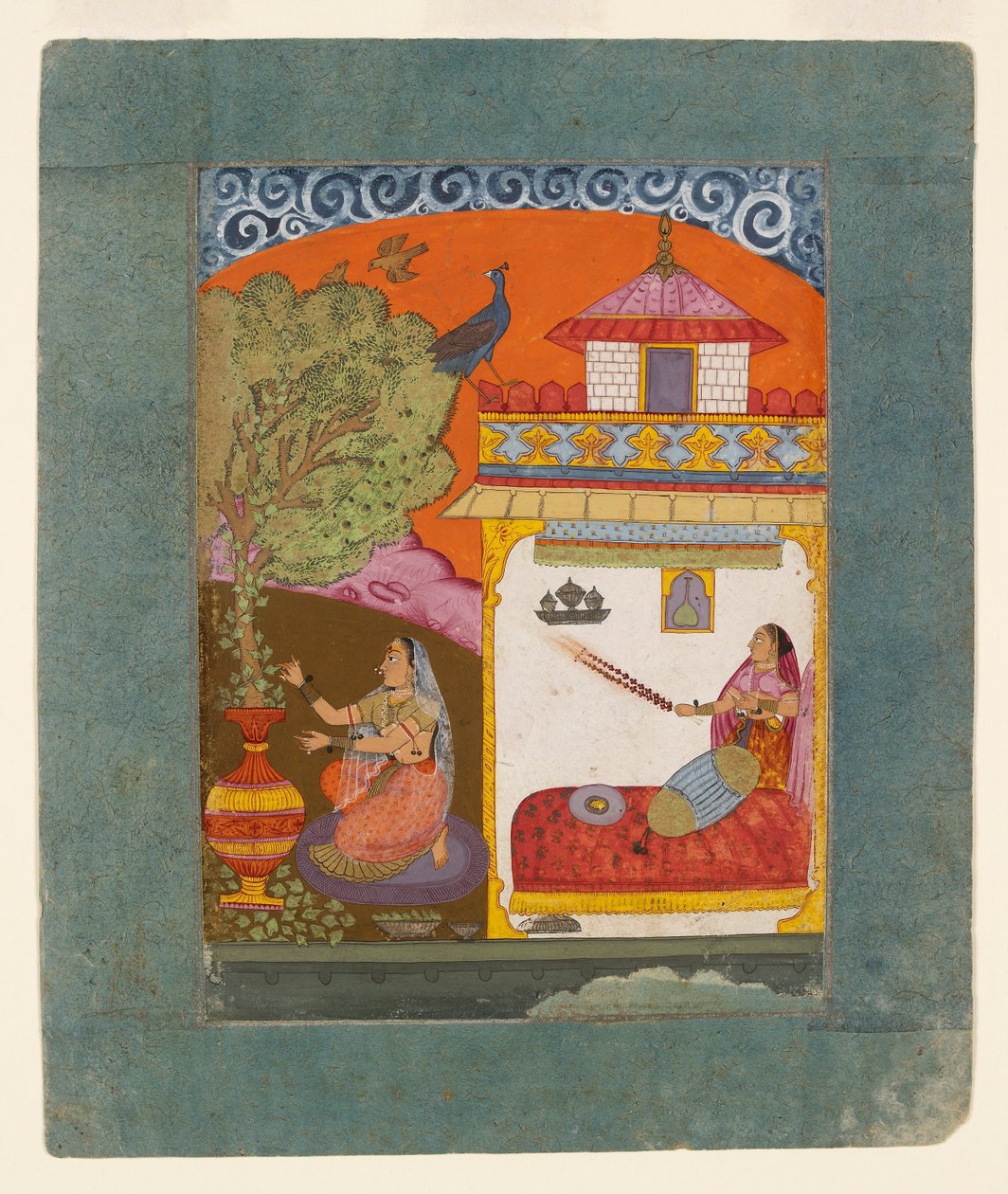 En dame som plukker løv, illustrerer den musikalske modusen Gunakali Ragini, c1675 av Unbekannt