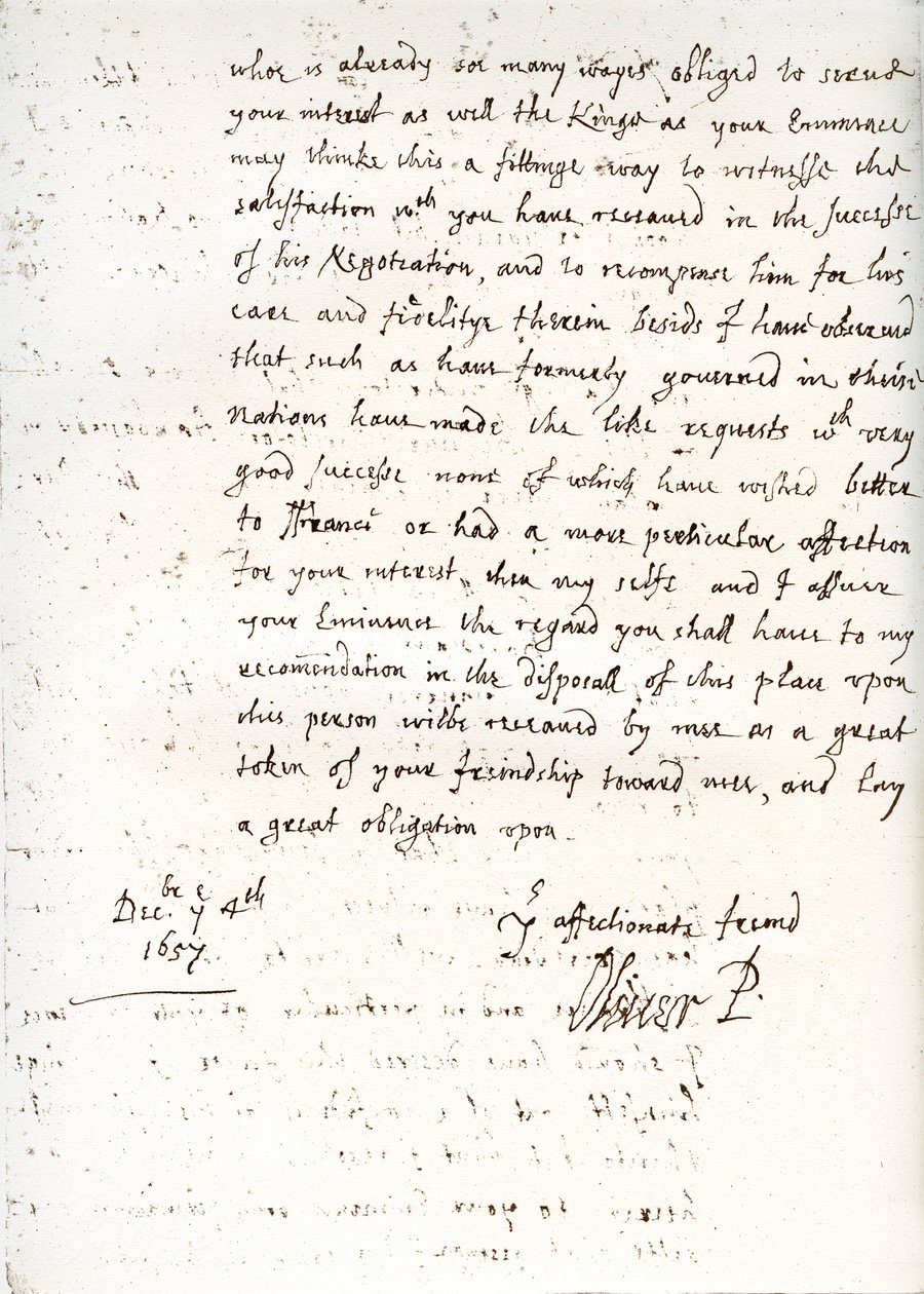 Et brev av Oliver Cromwell til kardinal Mazarin, 4. desember 1657, 1899 av Unbekannt
