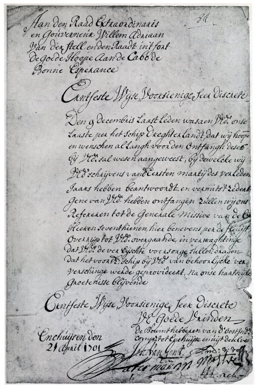 Et brev fra det nederlandske østindiske kompani til Willem Adriaan van der Stel, 1700-tallet 1931 av Unbekannt