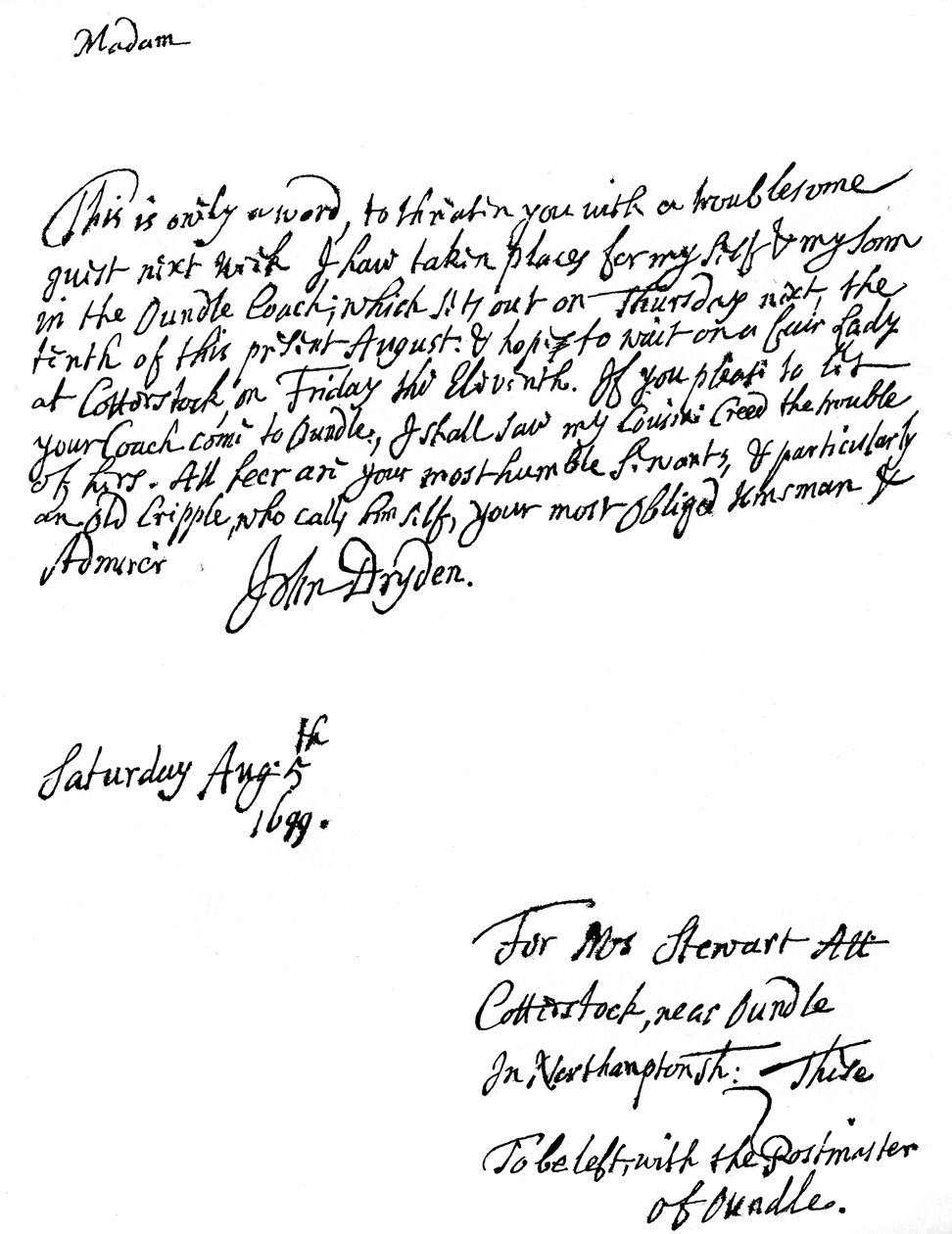 Et brev skrevet av John Dryden 1631-12700, engelsk poet, 1699 1840 av Unbekannt