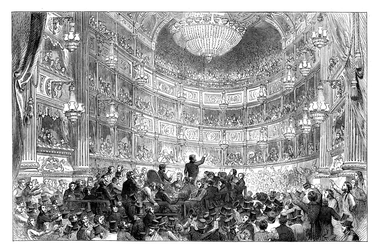 Et møte i Anti-Corn Law League i Drury Lane Theatre, London, 1838 c1895 av Unbekannt