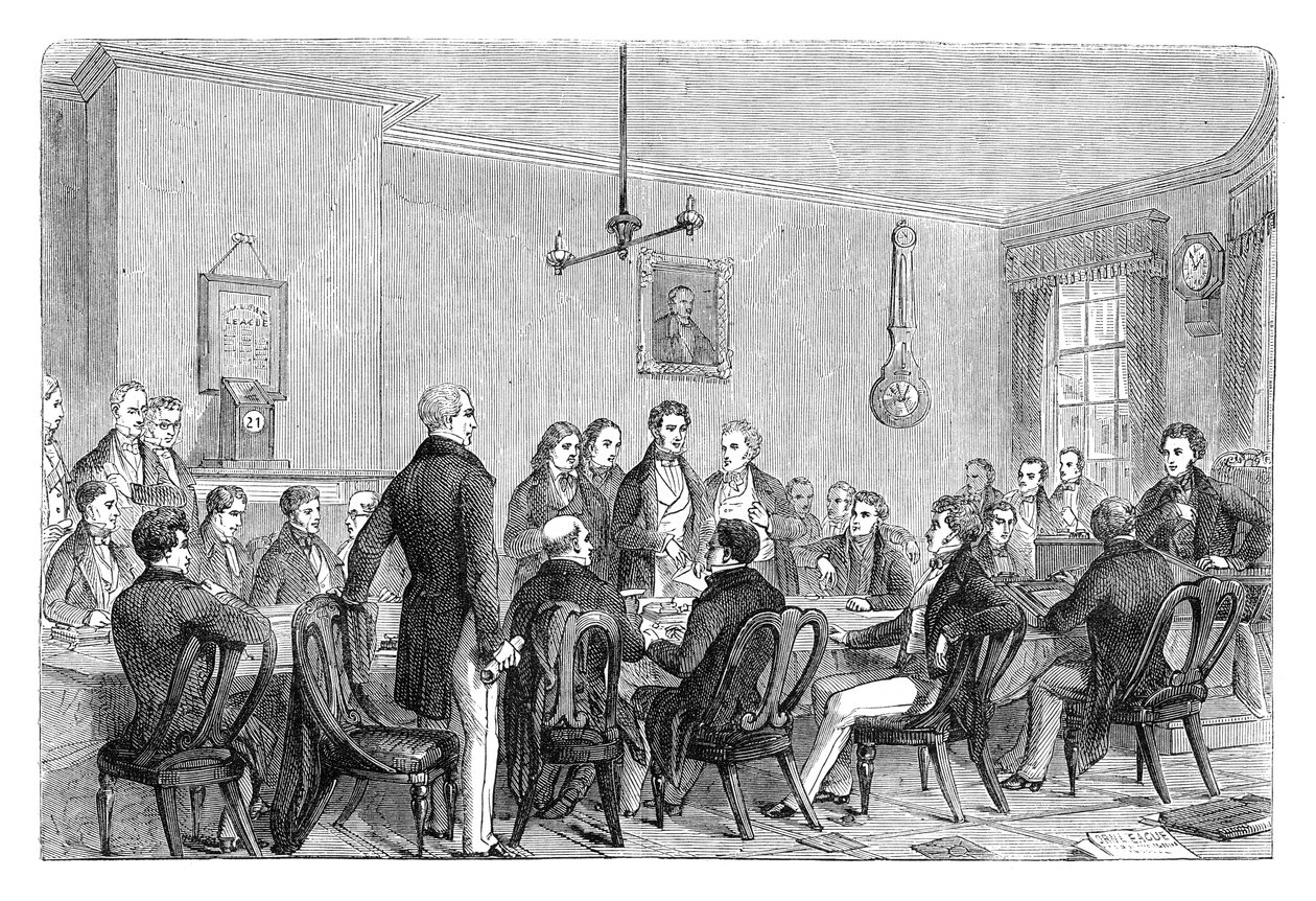 Et møte i Anti-Corn Law League i Newalls Building, Manchester, 1838 c1895 av Unbekannt