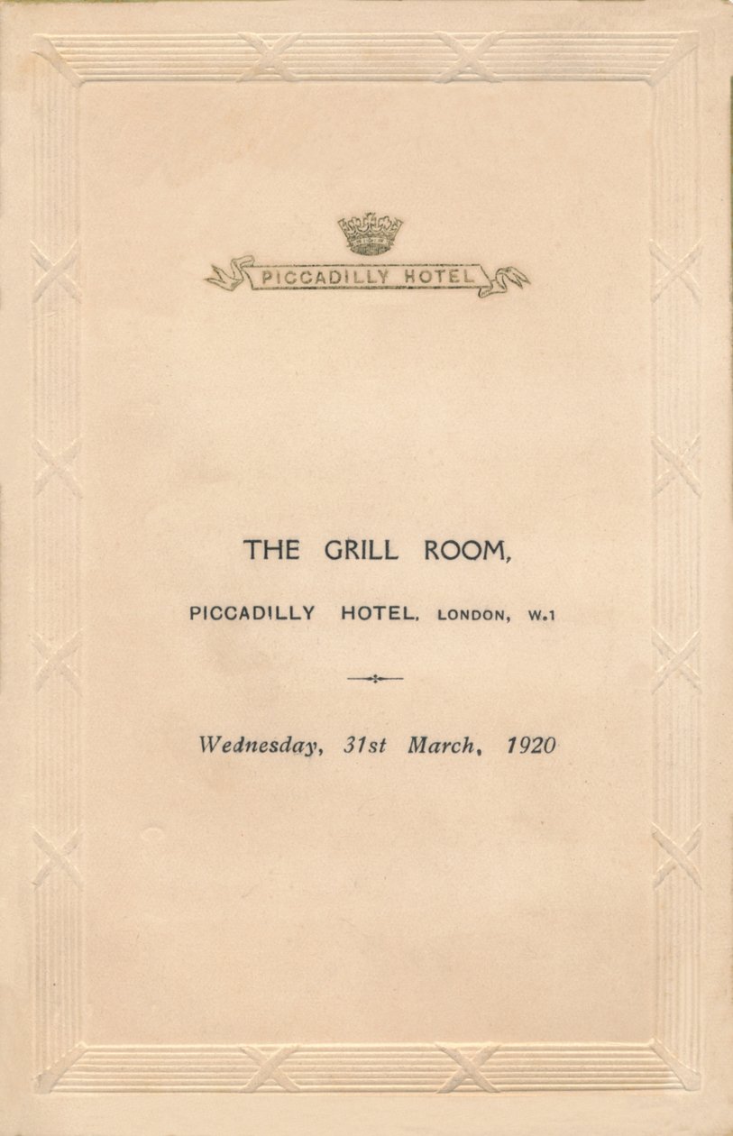 En meny for The Grill Room of the Piccadilly Hotel, London, 1920 av Unbekannt