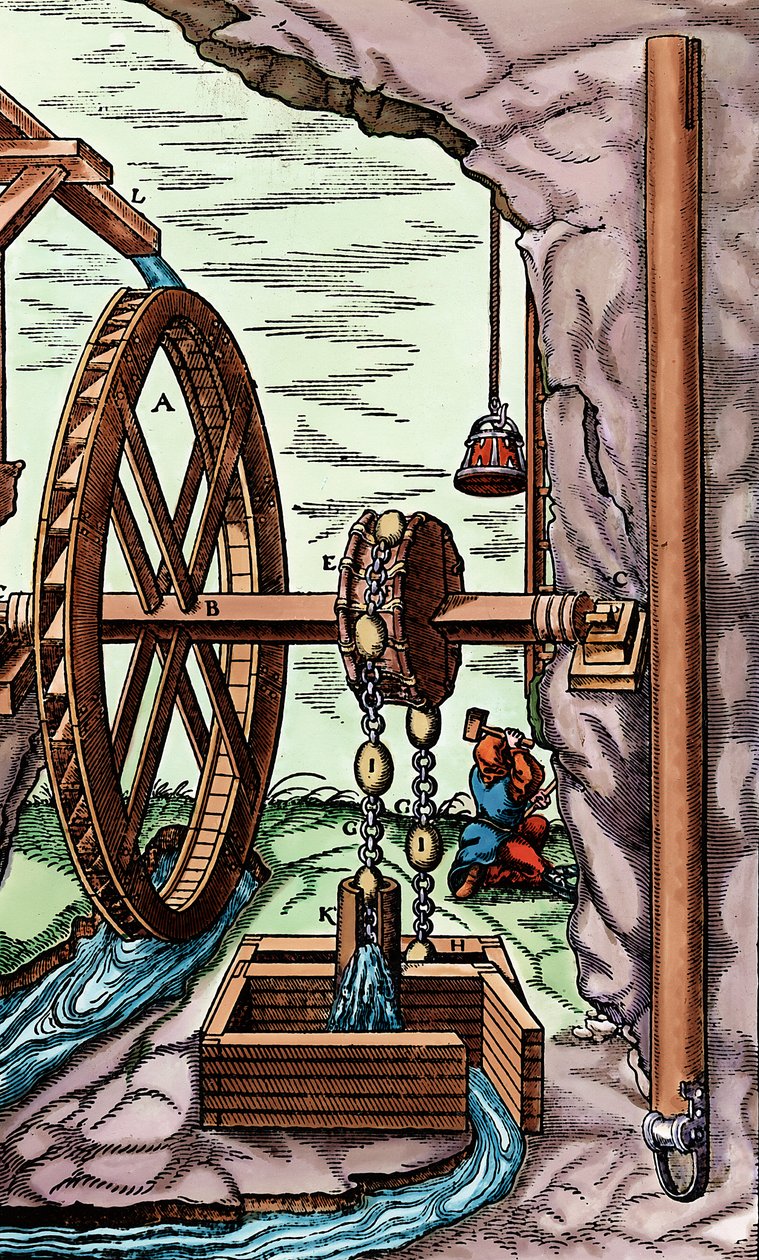 En gruve som tappes av en fille-og-kjede-pumpe drevet av et oversvømt vannhjul, 1556 av Unbekannt
