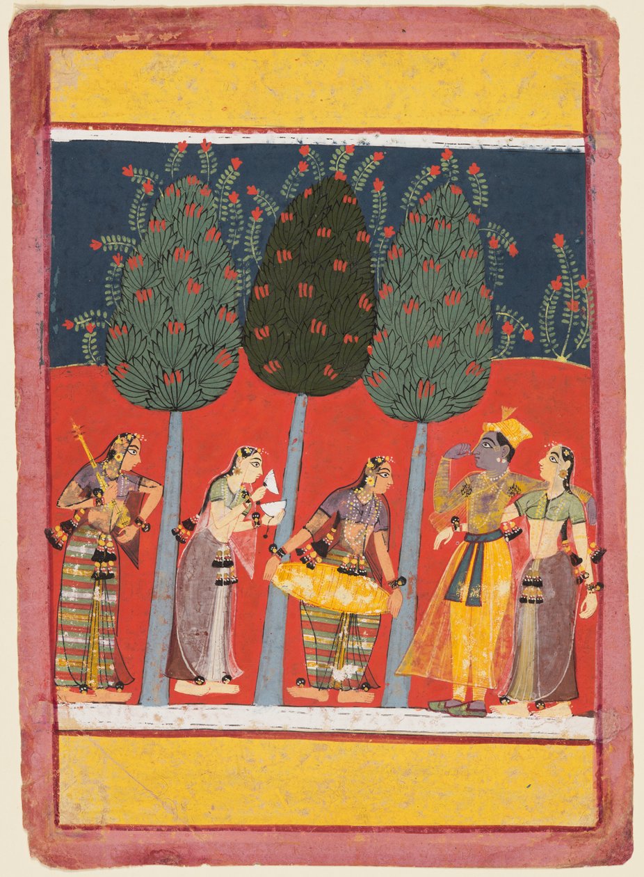 En side fra en Rasikapriya-serie: Krishna og Radha og Sakhiene med musikkinstrumenter, ca. 1650 av Unbekannt
