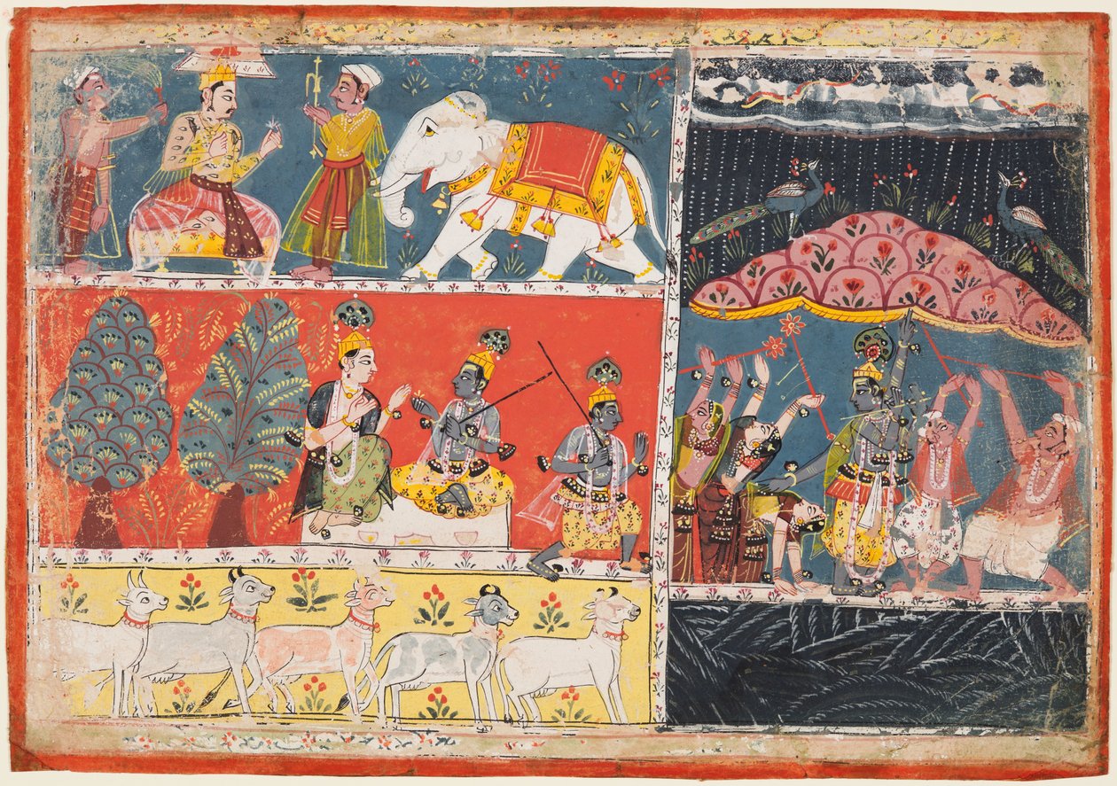 En side fra Bhagavata Purana: Indra sender en strøm av regn, Krishna løfter Govardhana-fjellet, 1686. av Unbekannt