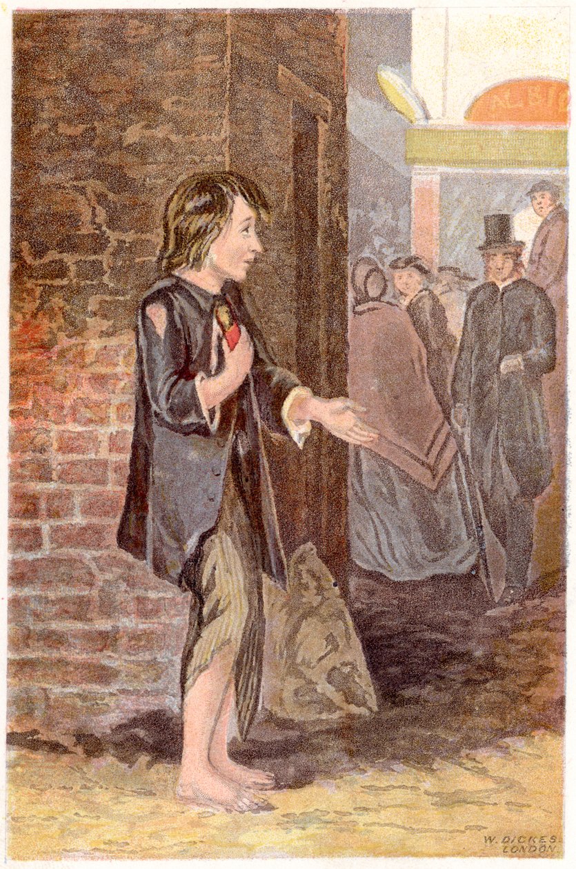 En fattig gutt, skoløs og i filler, tigger på et gatehjørne, c1880 av Unbekannt